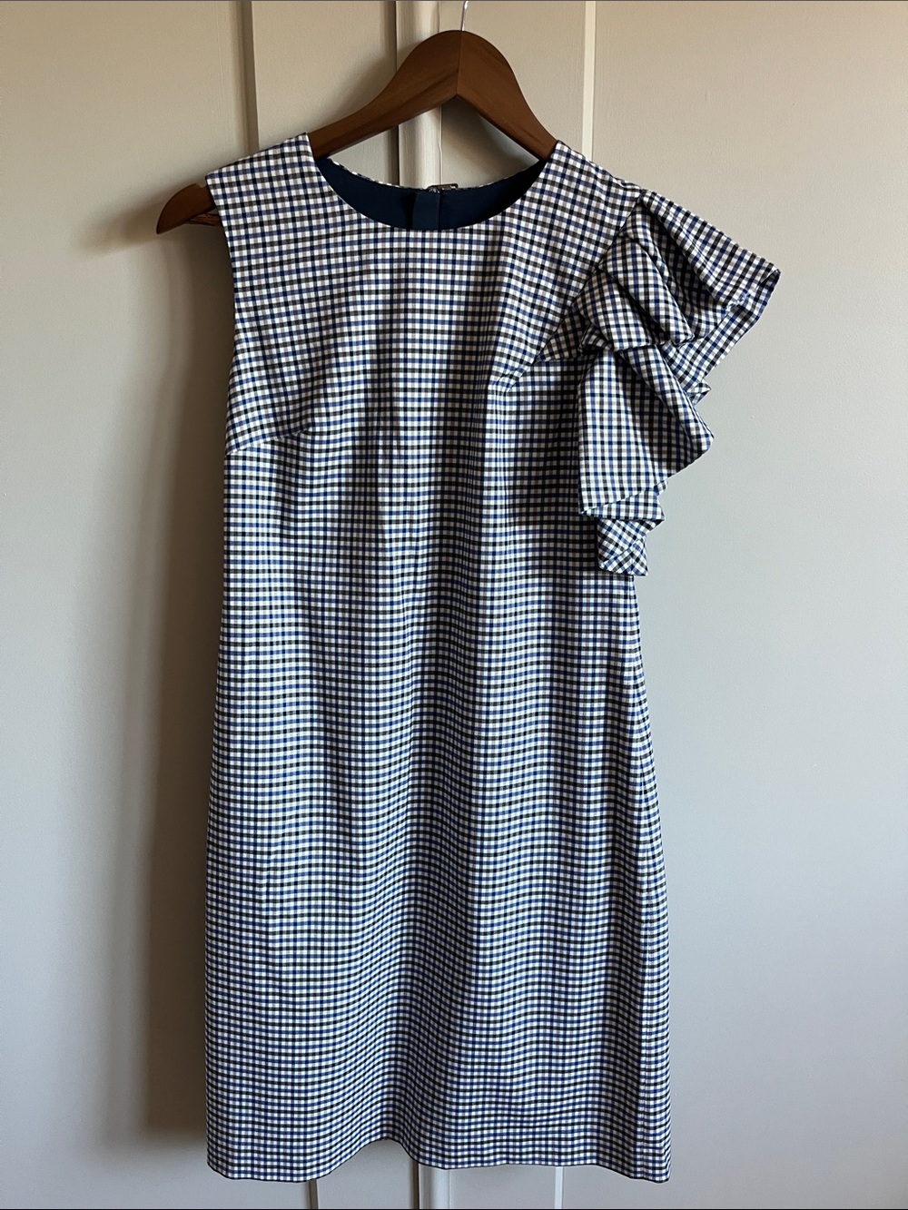 Banana Republic Navy & White Gingham Ruffle Shoulder Dress